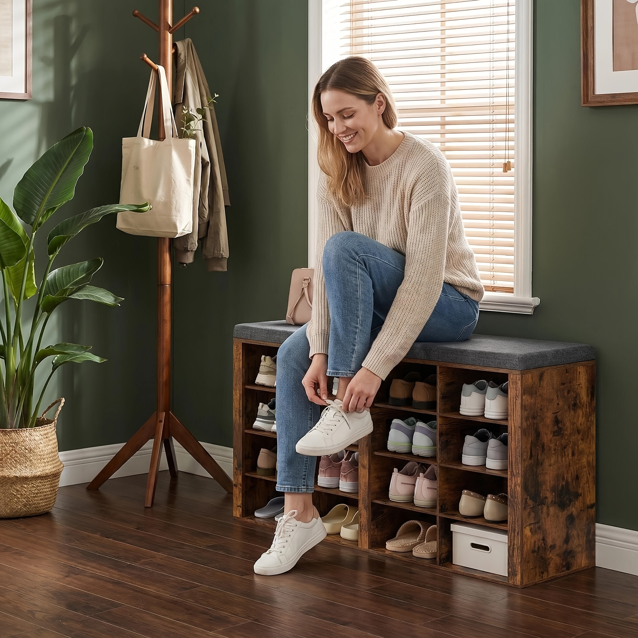 Image of This Shoe Bench Features A Padded Seat, 16 Shoe Compartments, Adjustable Shelves, And A -grey Color. Suitable For , Bedrooms, And Living Rooms