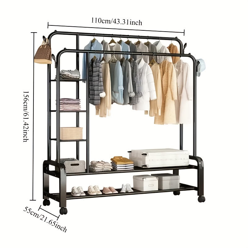 Double Rod Clothing Rack, Metal Garment Stand for Coats And Shoes, Mobile Clothes Rail with Hooks, Versatile Hanger Organizer (White) for Coats
