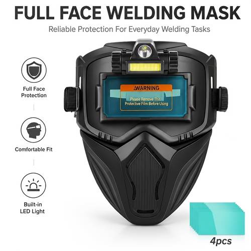 item picture auto darkening welding helmet with led work light full face welding mask with 4 replacement protective lenses for mig tig arc welding workshop protection