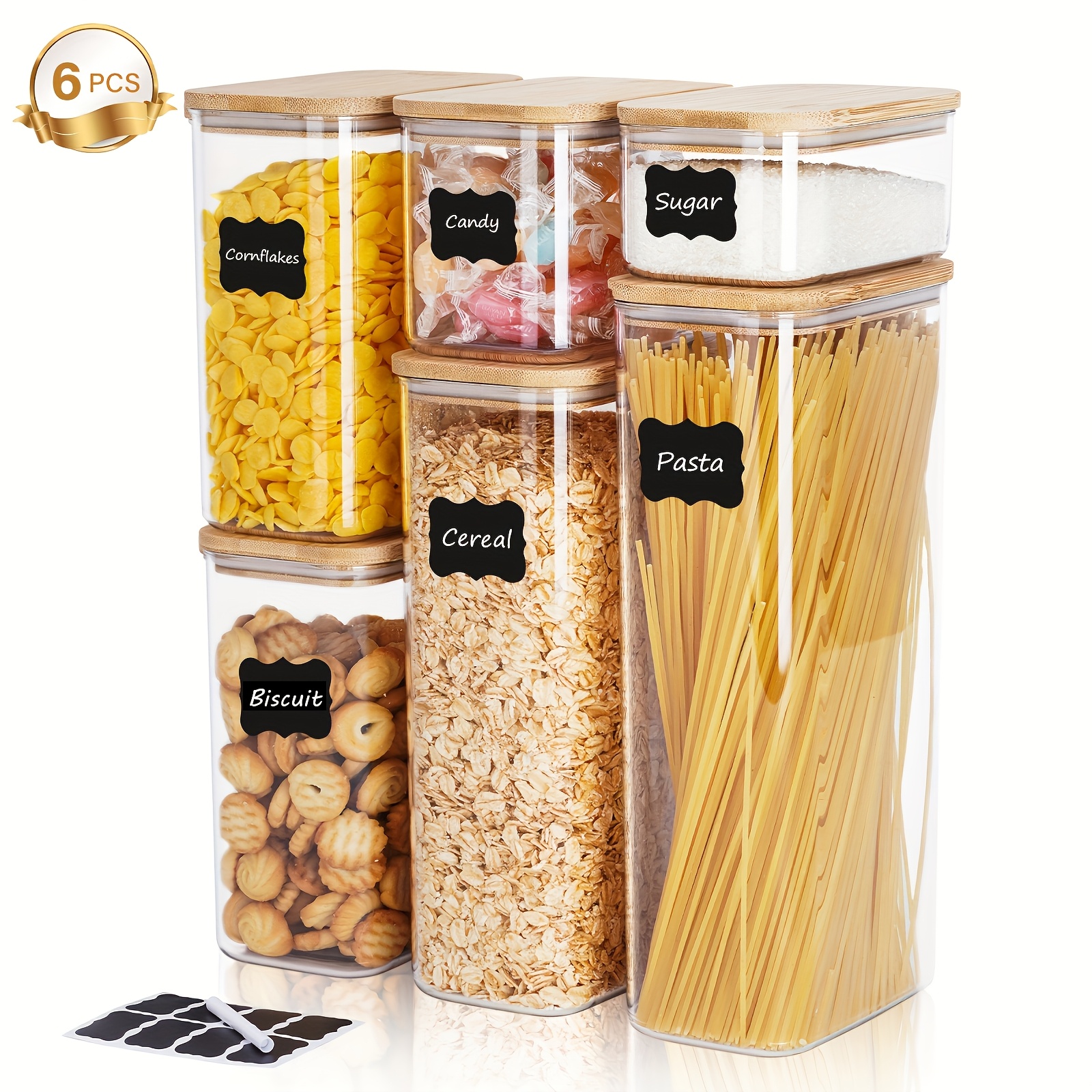 

6pcs Airtight Plastic Storage Canister, Clear Food Storage Container Jar With Sealing Wooden Lid, For Noodles Flour Cereal Rice Sugar Tea Coffee Spaghetti, Rv Organization Essential With Wood Lid