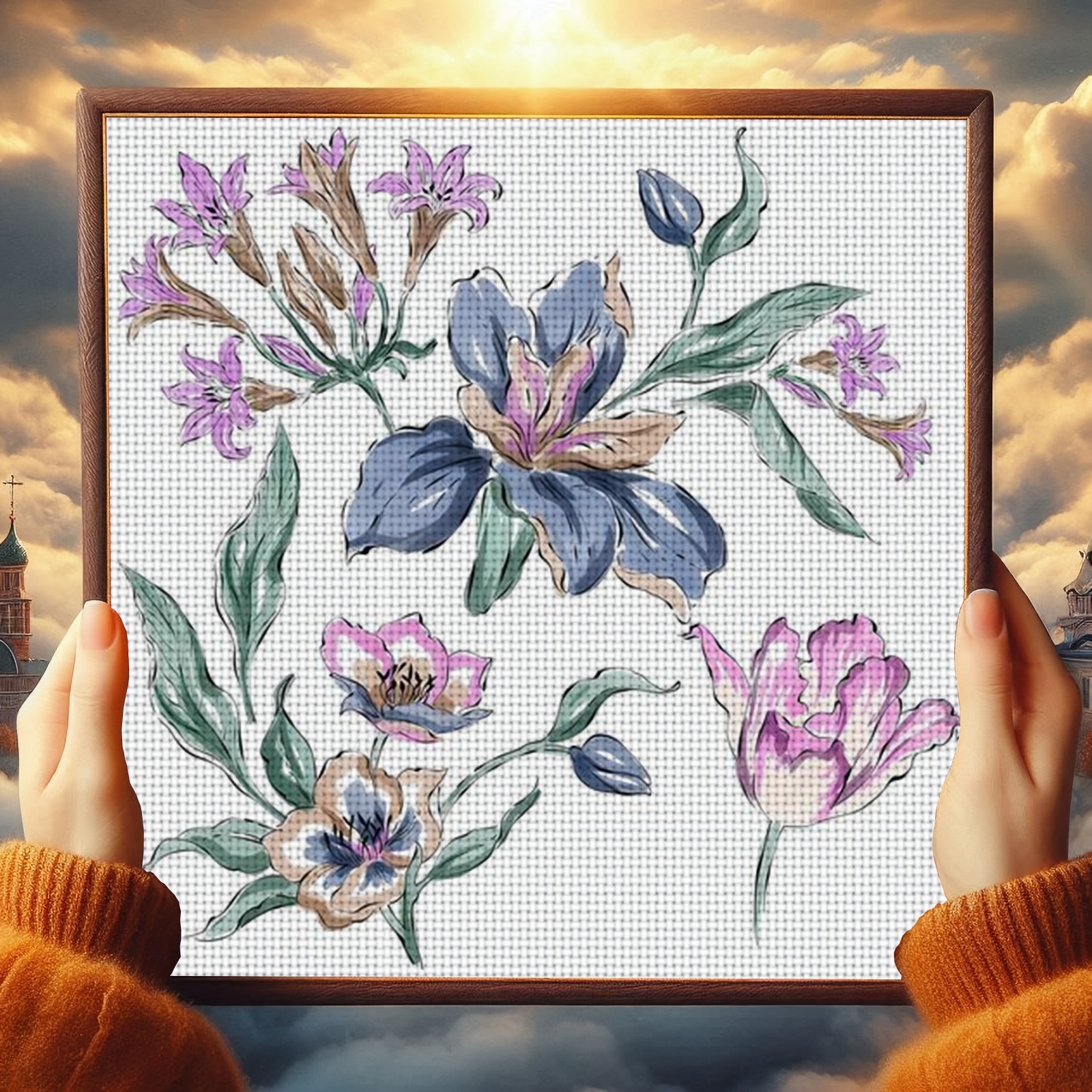 DIY Cross-stitch Printed Kit, Unframed, "Colorful Floral Hand-painted Pattern"