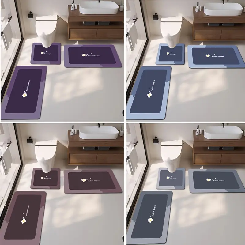 a set of 3pcs soft and absorbent bathroom non slip mats u shaped toilet mat floor carpet absorbent floor mat sink mat entrance door mat bathtub mat simple european and toilet mat non slip design comfortable for feet easy to wash in colors absorbent mat set slip resistant and durable bathroom accessory decoration items bathroom decor home decoration washable and cuttable mats Product details 1