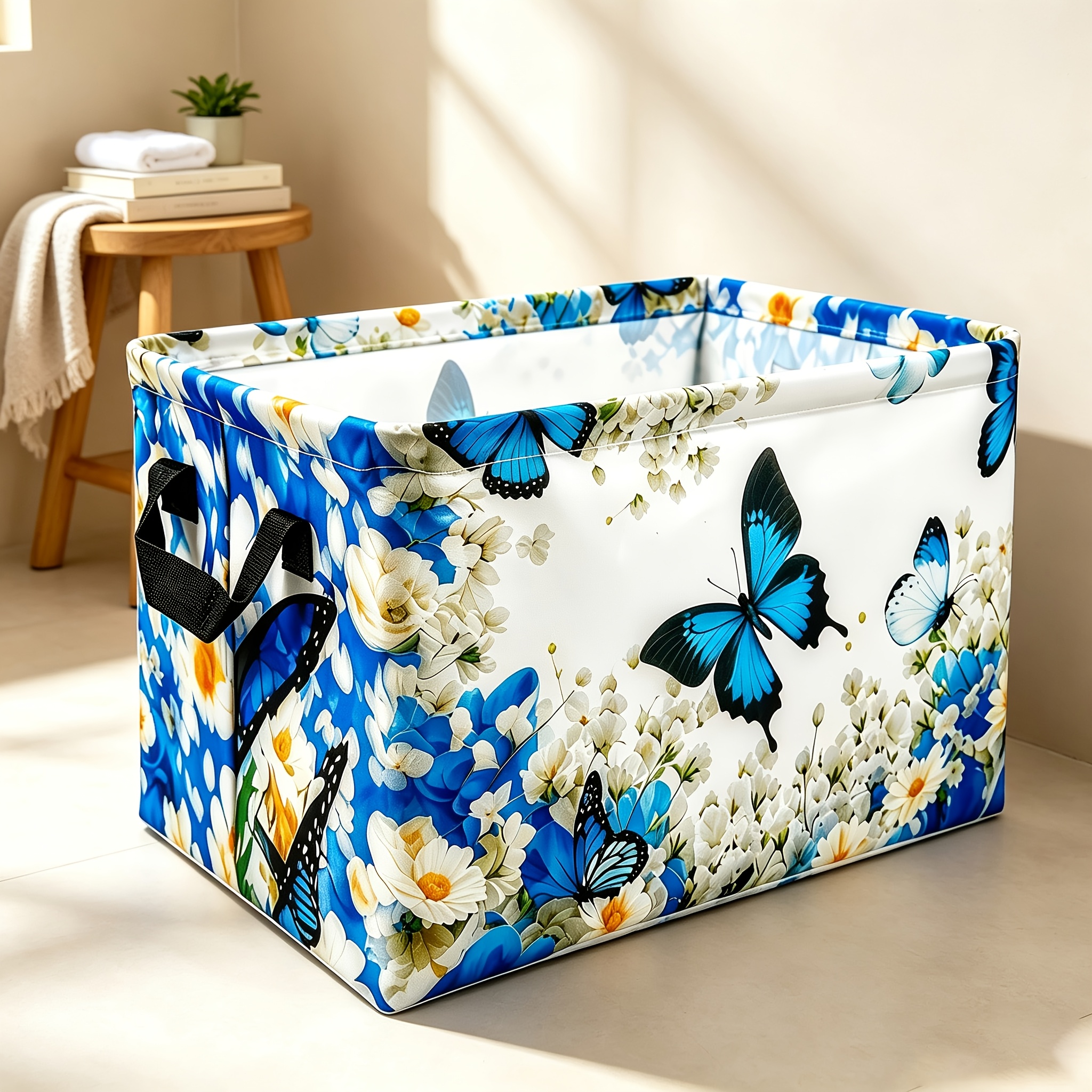 TEMU 1pc Foldable Storage Basket, Blue Print Organizer Bin With Sturdy Handles, Back-to-school Dorm Must-have, Storage For Vanity, Bedroom, Closet &
