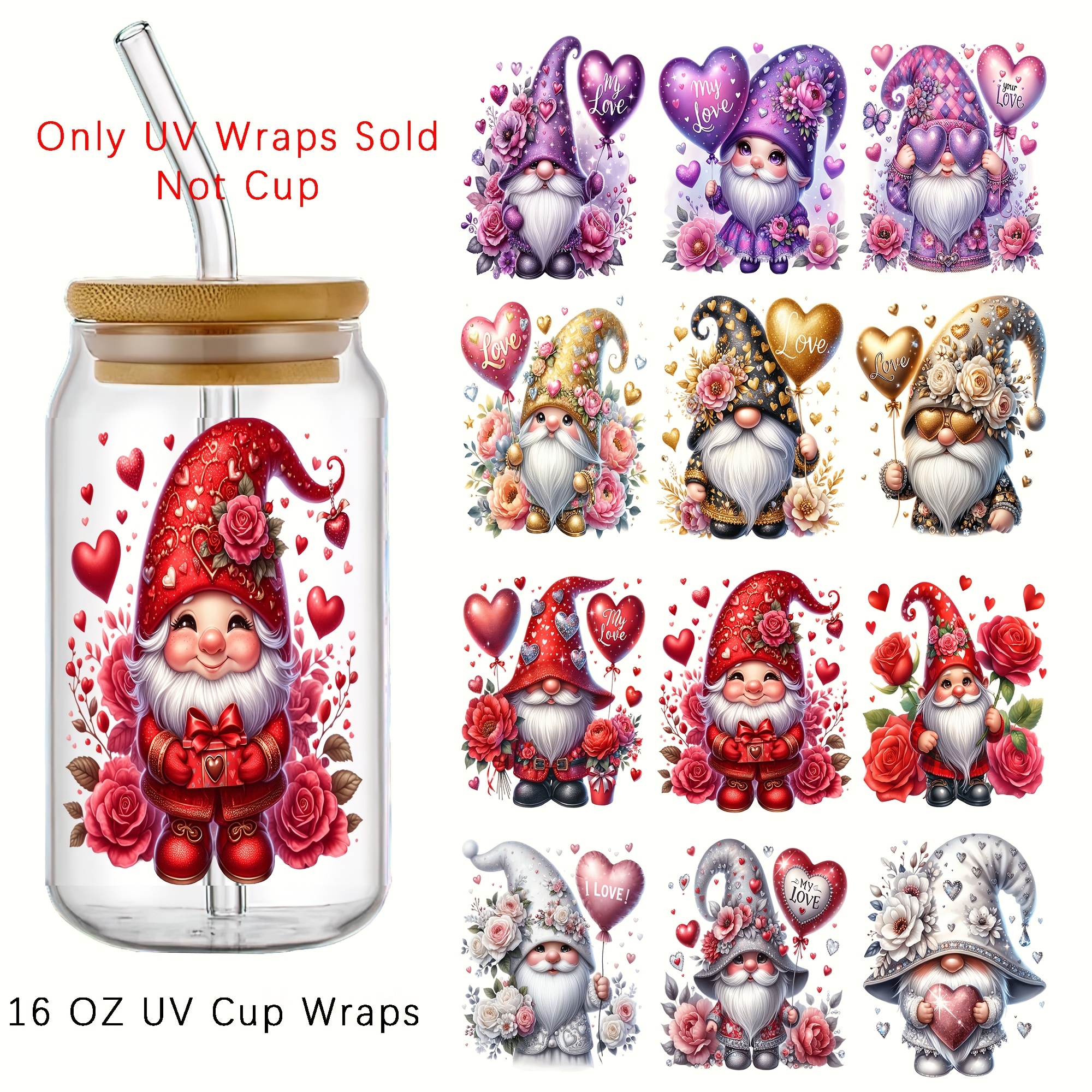 

12pcs Watercolor Valentine's Day Dwarf Diy Uv Transfer Mug Stickers - Waterproof, Self-adhesive, Suitable For Mugs, Bottles, Laptops - Matte , Pvc Material