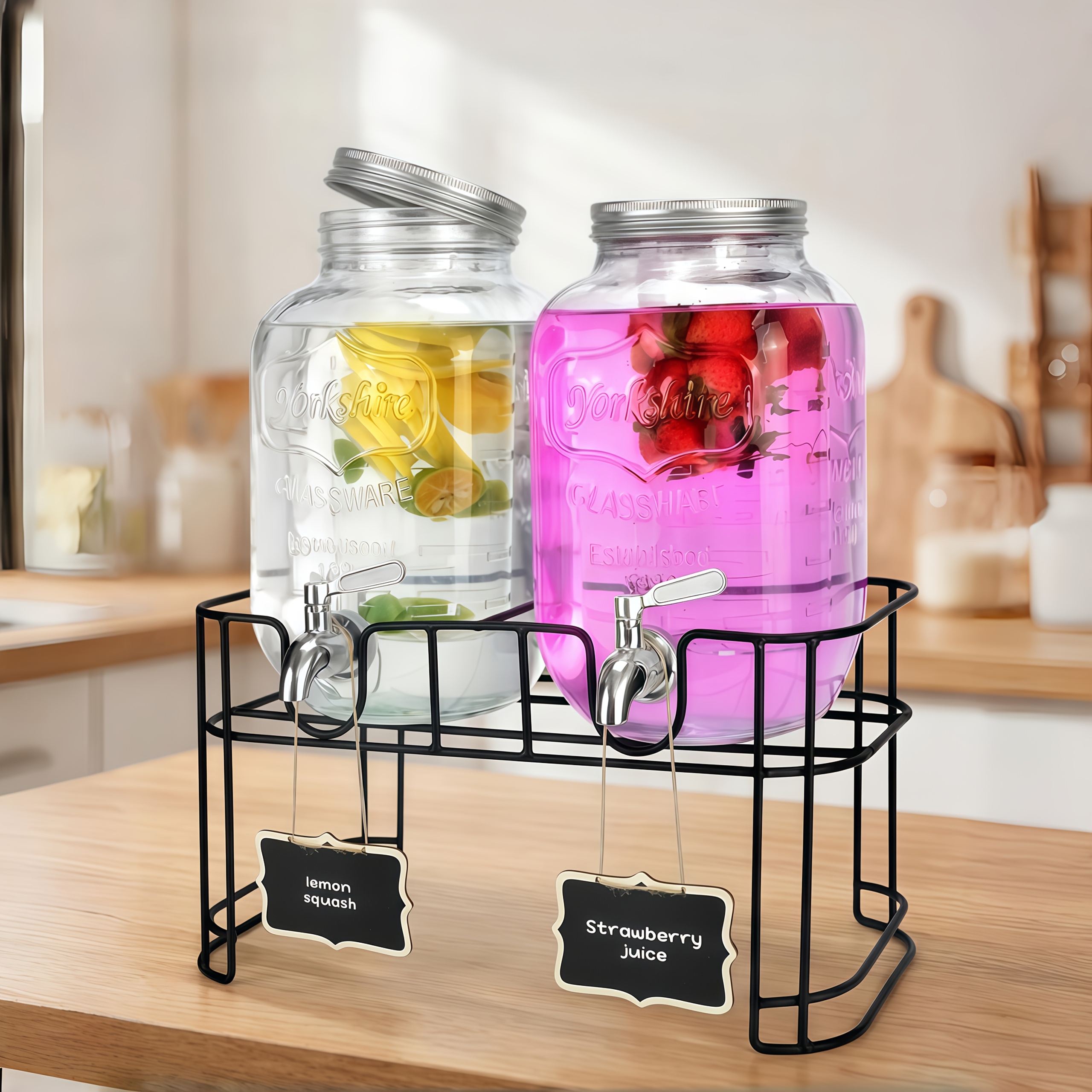 Image of 2pcs 1 Gal Food-grade Glass Juice Dispenser With Spigot Tap & Airtight System Suitable For Home, Commercial Beverage Jars For Juice, Tea, , Drink Storage, Spigot Tap For Cafes, Restaurants, Pantry