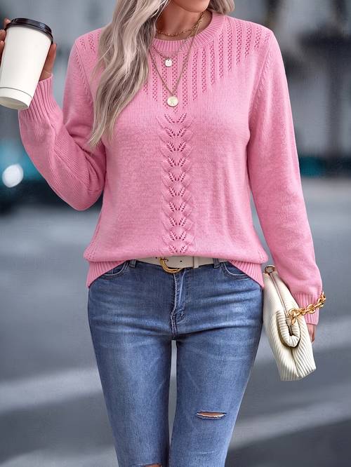 item picture womens round neck vertical rib twisted cable openwork long sleeve pullover loose fit warm solid color sweater for spring and autumn friendly high stretch top suitable for weekend shopping and