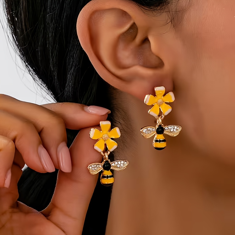 TEMU Une paire de boucles d'oreilles charmantes et élégantes Abeille et Fleur, parfaites d'occasions festives, d'anniversaires, de , de , de fêtes, ,