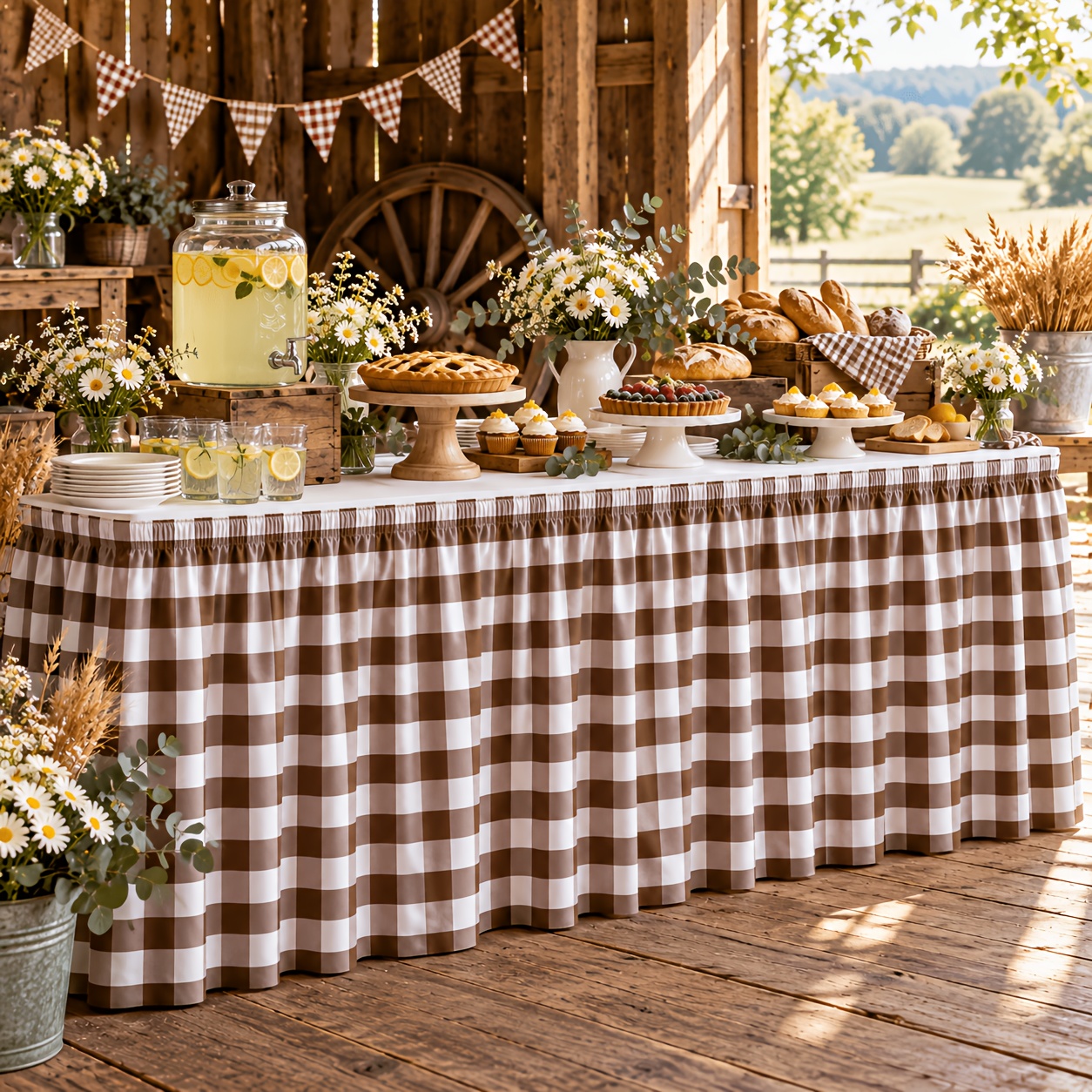 TEMU 1pc Brown Gingham Table Skirt, Brown White Checkered Table Cover, Reusable Durable Farmhouse Party Decor For Birthday, Restaurant, Buffet,