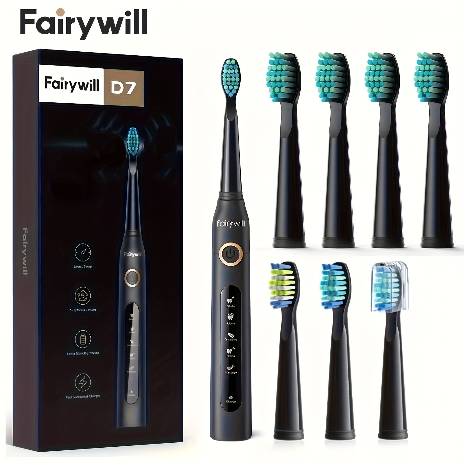 

5 Fairywill Electric Toothbrush For Adults, With , 8 Brush Heads And 2h Charge For , Black