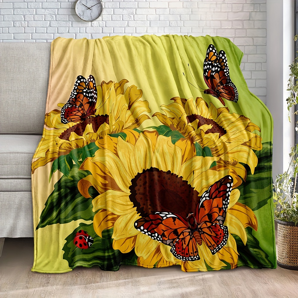 

1pc Painted Sunflower Butterfly Blanket Summer Flower Throw Blanket Birthday Gifts For Couch Sofa Bed Soft Lightweight Camping Big Fuzzy Plush Fleece Butterflies Blankets And Throws Blanket Decorative