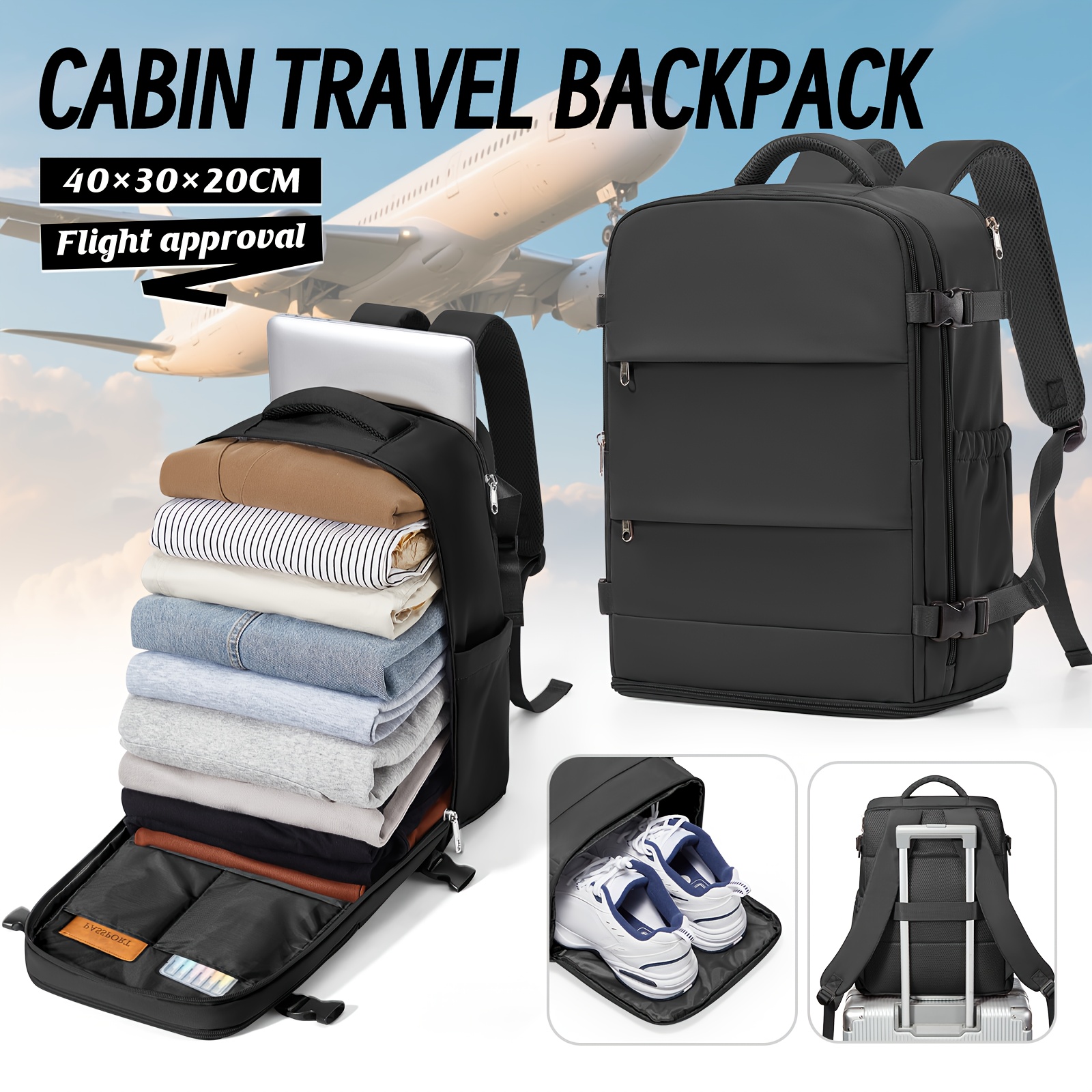 Flygbolagsgodkänd Ryanair Kabinväska - Handbagage 40x30x20 cm, Lättviktsflygväska med Skofack & Laptopficka, Passar Under Säte/I Kabin, För Kortdistansflyg, Affärsresor & Helgresor (Justerbara Remmar)