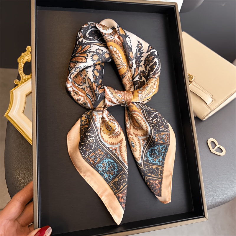 Image of Women's Vintage Paisley Square Scarf - 70cm, Neck And Headband Use, Satin Texture Retro Shawl, Suitable For Daily Wear, Warm And Elegant, Hand Washable, For Parties, Weddings, Outdoor Activities