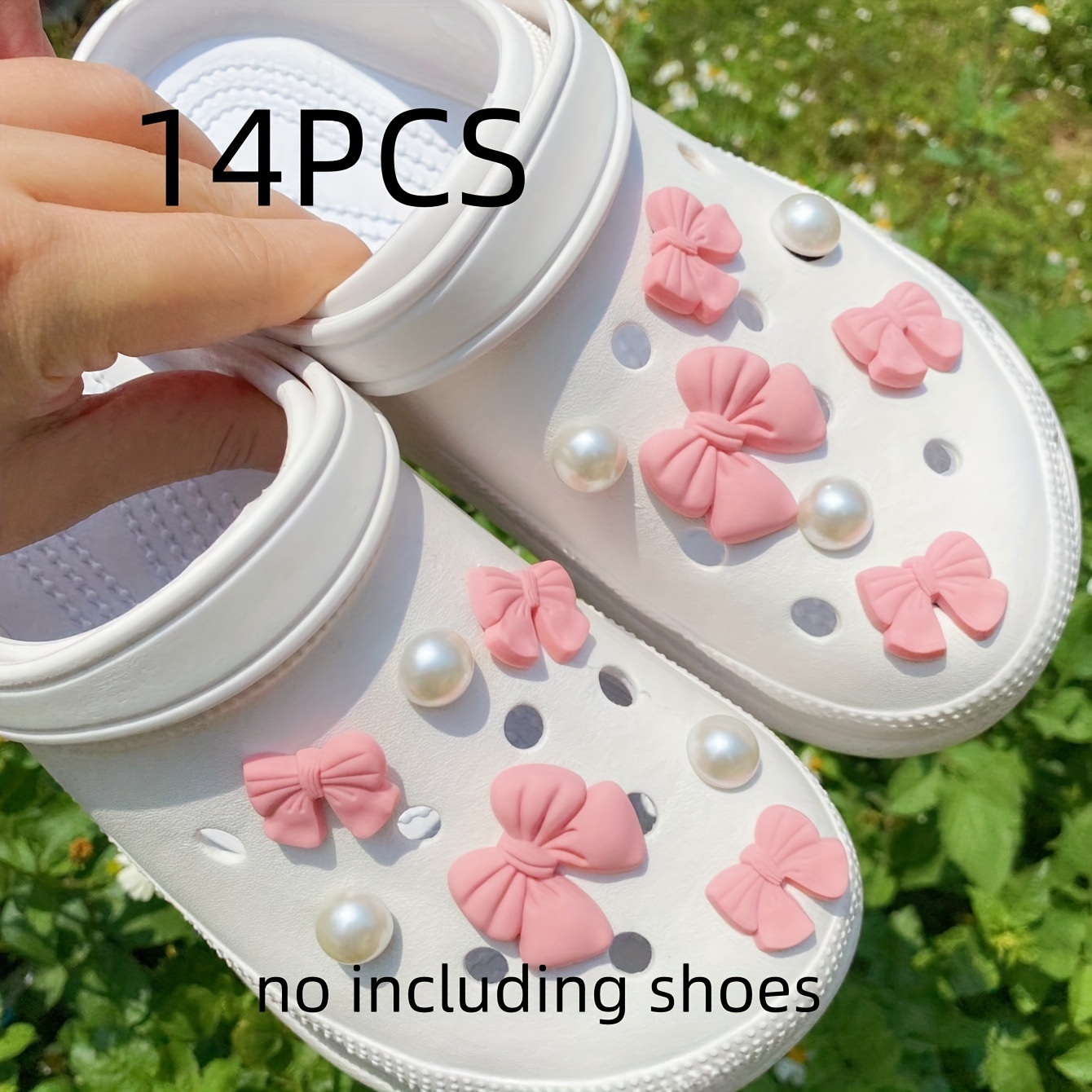 Image of 14pcs Pink Bow Pearl Additions, Suitable For Removable Shoe Decorations For Hole Shoes, Garden Shoes, Sandals, Etc