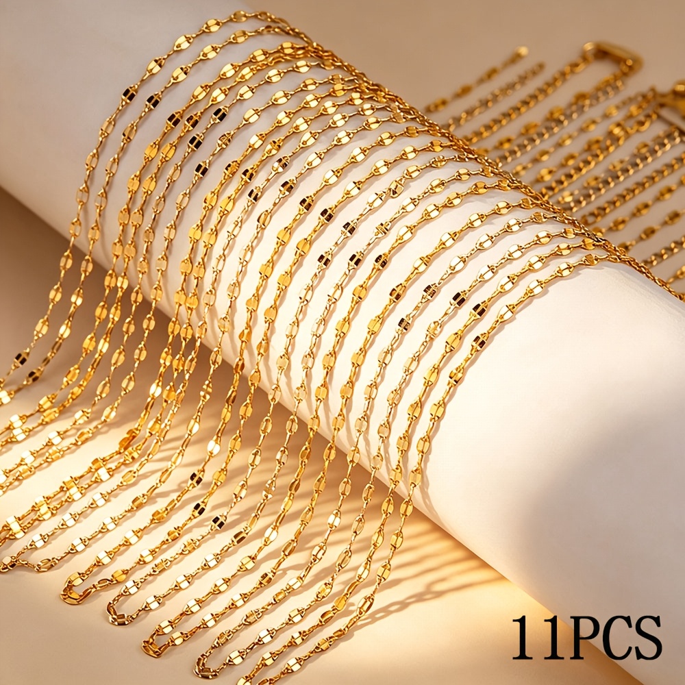 TEMU 11pcs/package Stainless Steel 18k Golden Plated Classic Thin Spout Lip Necklace, +5cm/1.96inch Extension Tail Chain, Waterproof Durable