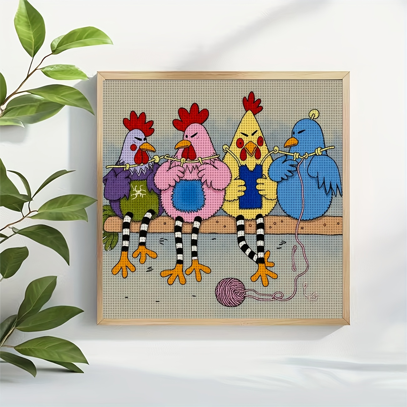 Printed DIY Cross-Stitch Kit, "Four Chickens Knitting Sweaters"