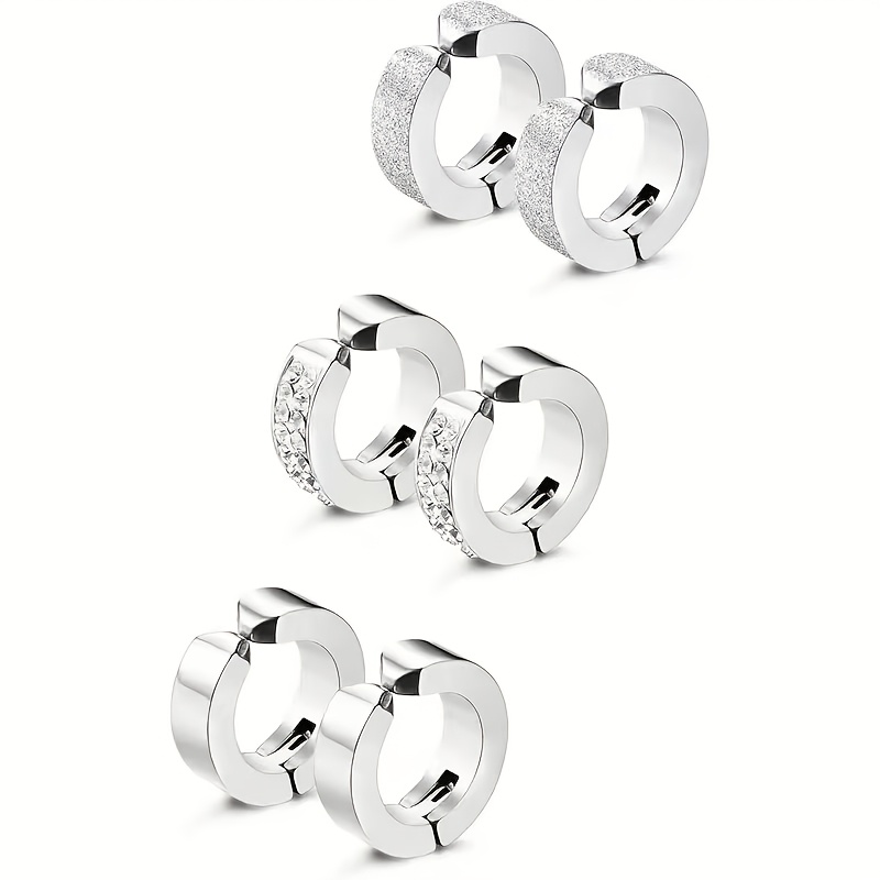 TEMU 3 Paires de Boucles d'Oreilles Unisexe à Clip en Acier Inoxydable 304 304 304 304, Mode, Pas Besoin de Trou dans les Oreilles, Pile