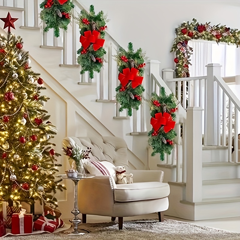 

2024 Christmas Wreath With Red Rattan Bow - Staircase & Wall Decor, Holiday Celebration Accessory