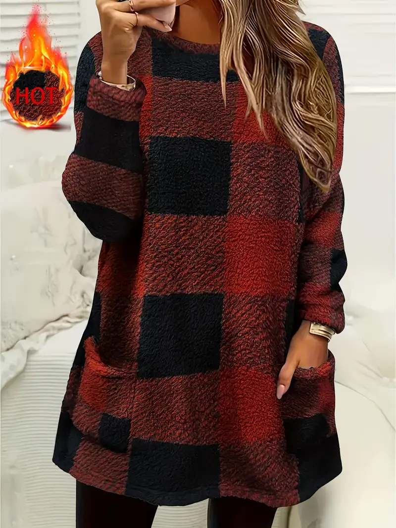 Women'S Fall Winter Warm * Dress *-Length Thick Plush Pocket Long Sleeve Classic Checkered Top Women'S Fall Winter Warm * Dress *-Length Thick Plush Pocket Long Sleeve Classic Checkered Top