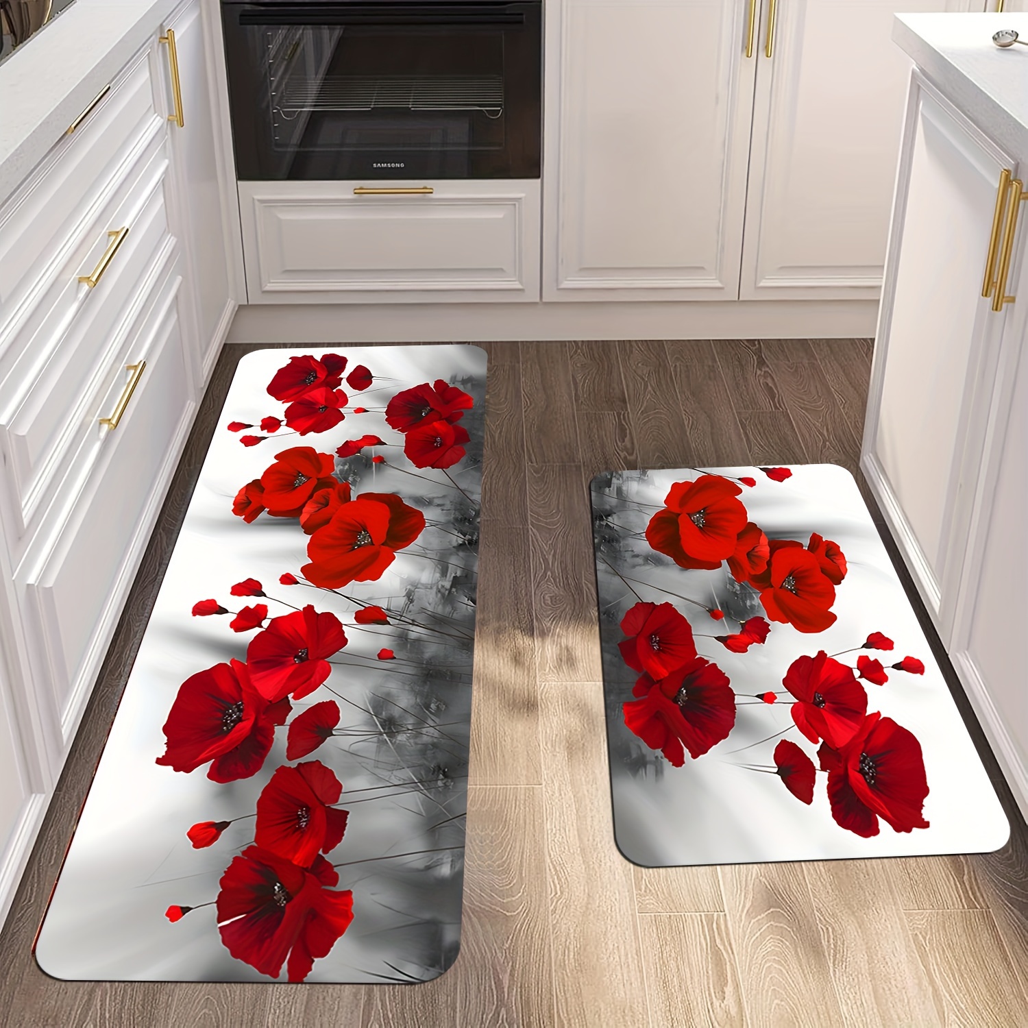 TEMU Ensemble de 2 tapis de cuisine antidérapants à thème coquelicot rouge, lavables en machine et ne se décolorent pas, disponibles en plusieurs