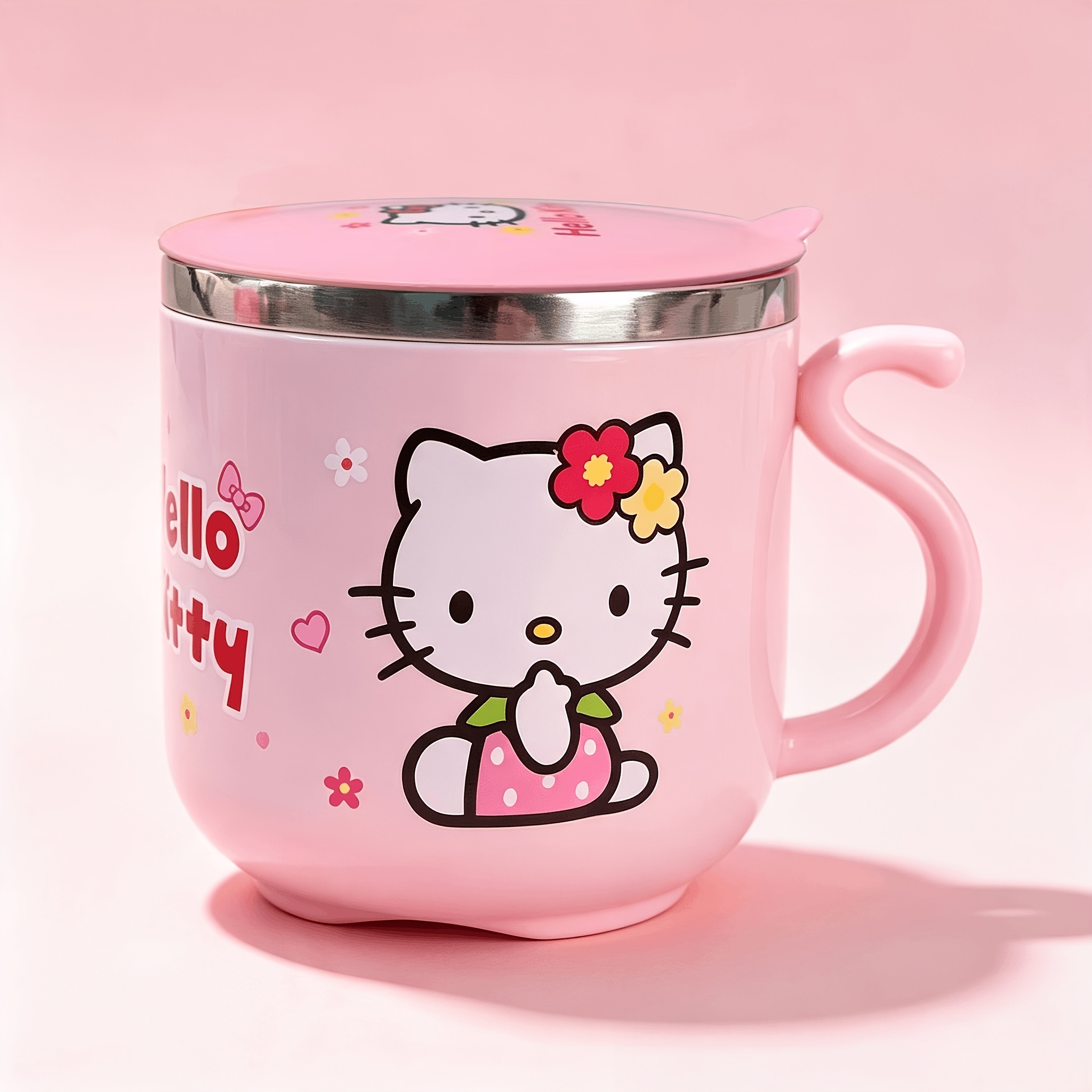 Hello Kitty Stainless Steel Coffee Cup With Handle And Lid, Cute And Durable, Ideal For Office Or Outdoor Use