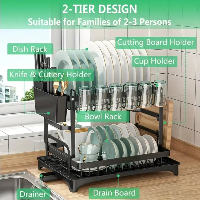 large capacity double layer dish drying rack carbon steel kitchen organizer with towel cup holders space saving countertop storage for plates bowls glasses utensils dish drying rack for kitchen counter durable construction apartment living Product details 0