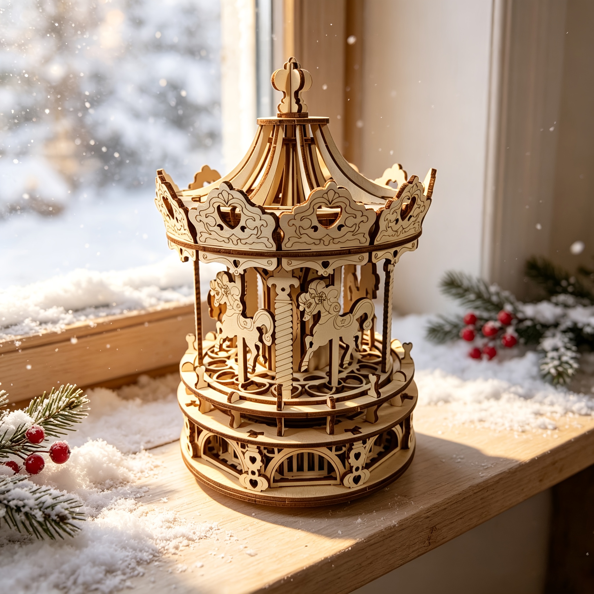 3D Wooden Carousel Mechanical Music Box Puzzle