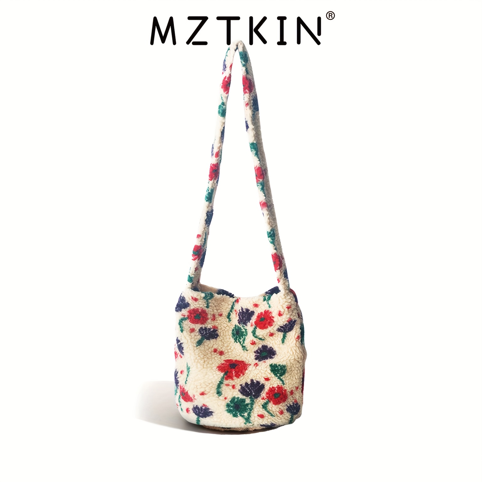 

Lamb Wool Crossbody Bag, Instagram Style Cute Bucket Bag, Vintage Commuting Shoulder Bag With Floral Accents, Mztkin