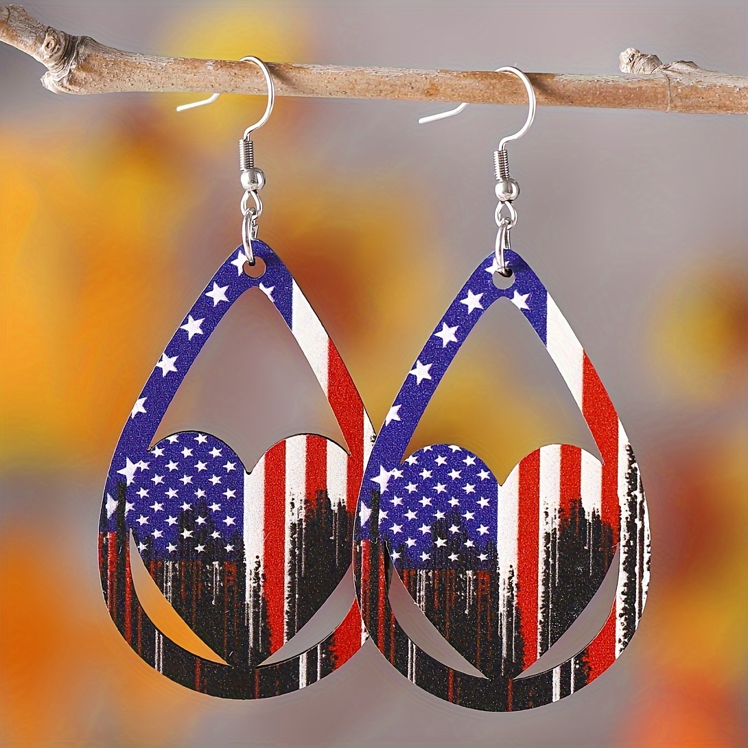 

American Independence Day Jewelry Striped Star Colorful Water Drop Shape Heart Hollow Dangle Earrings Female Gift