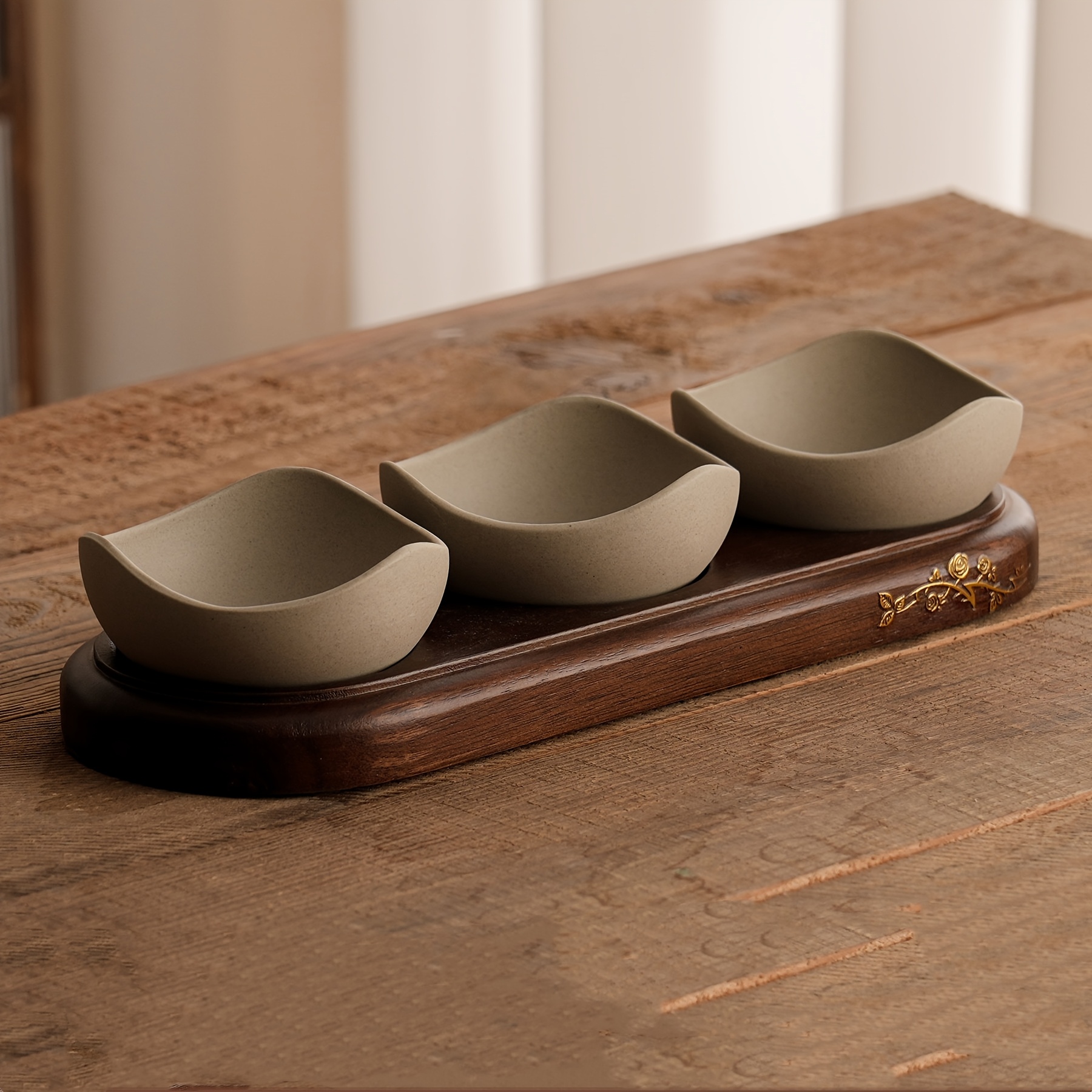 Image of 1 Set, Vintage Stoneware Snack Plate Dried Fruit Plate, Acacia Wood Tray, Household Coffee Table Snack Bowl