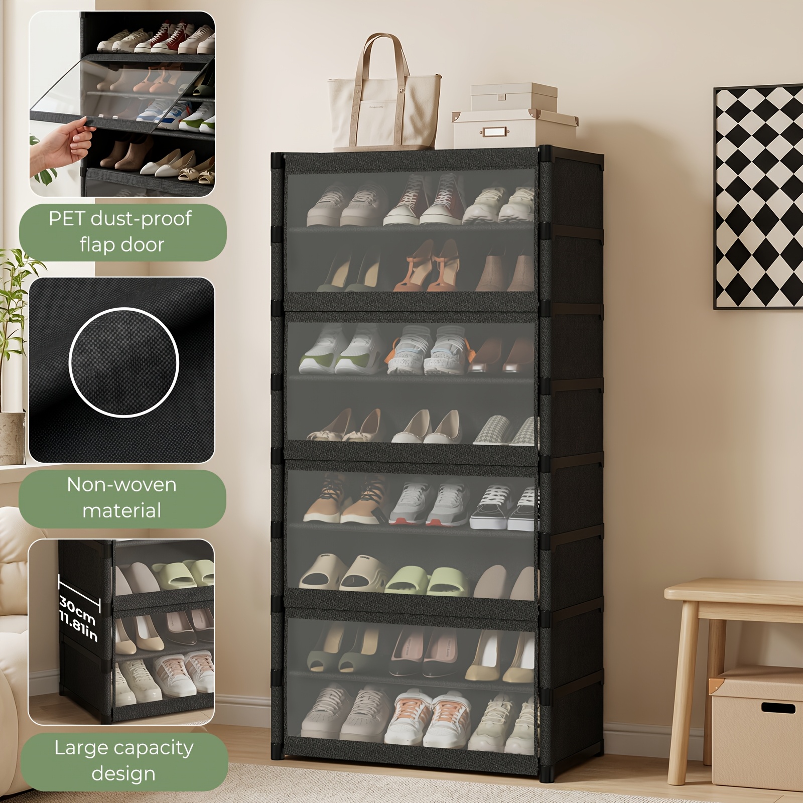 TEMU 6/8-tier 1pc Shoe Rack Cabinet, Transparent Dust Cover, Sturdy Metal Frame, Non-woven Fabric Shelf, Large Capacity Shoe Organizer, Space- Shoe