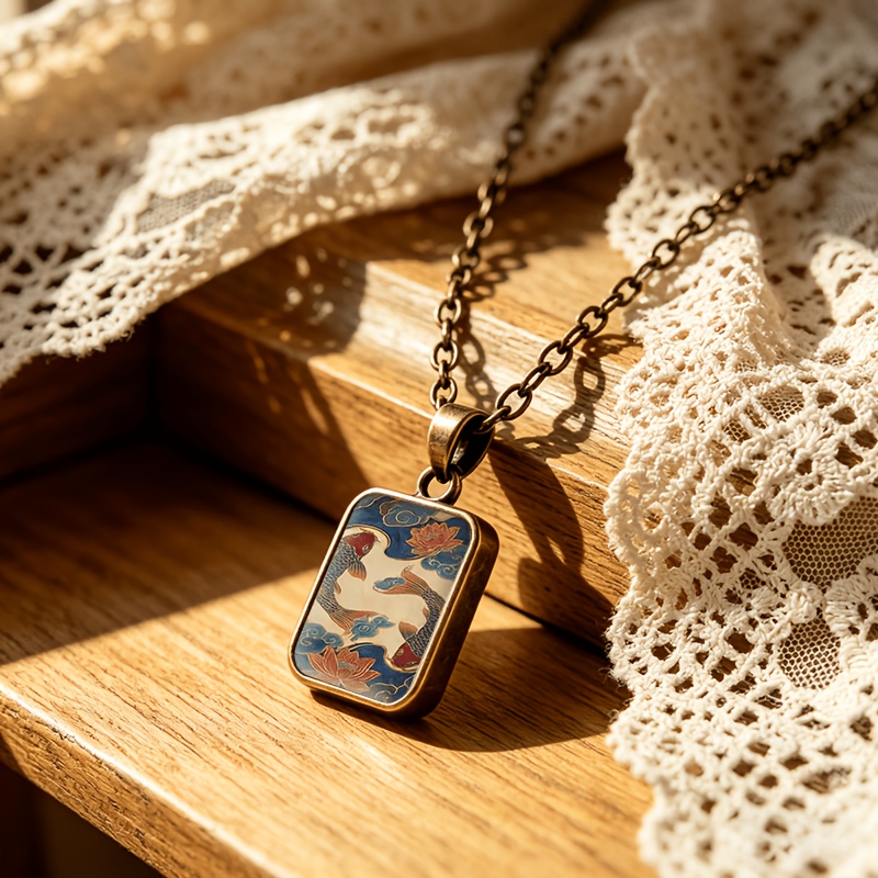 Double-Sided Square Glass Koi Fish Pendant Necklace, Men's