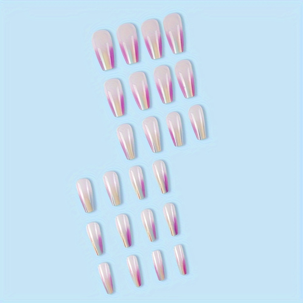 medium coffin press on nails pinkish gradient rainbow halo dyeing pattern fake nails glossy artificial finger manicure false nails details 3