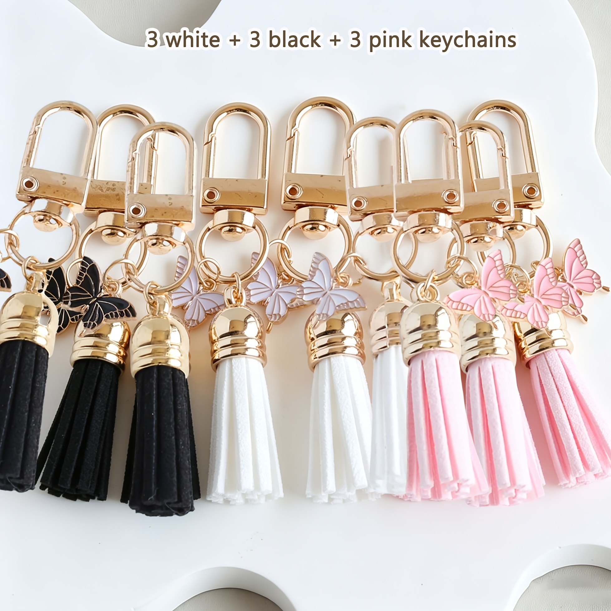 TEMU Gift For Her/him 9pcs Women's Cute Pendant Tassel Keychain Bag Charm, Metal And Tassel Material, White Black Pink Multicolor, Suitable For Bag
