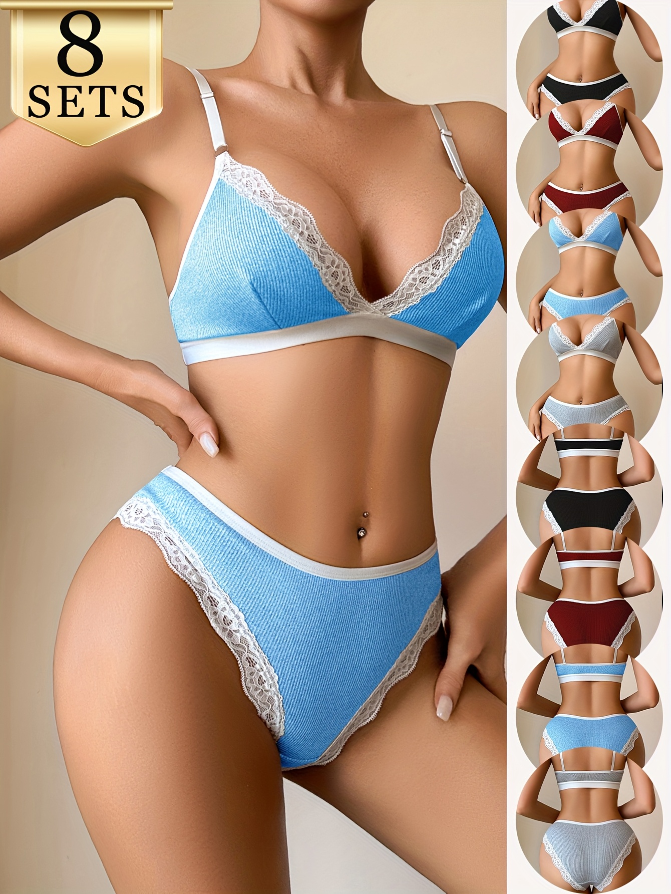 16-delige Sexy Deep-V Elegante Kanten Dames BH Set Verstelbare Bandjes, Zacht en Comfortabel, Ademend Lichtgewicht Materiaal BH en Slips in Effen Kleuren, Huidvriendelijk en Nauwsluitend Perfect voor Casual Dagelijks Gebruik