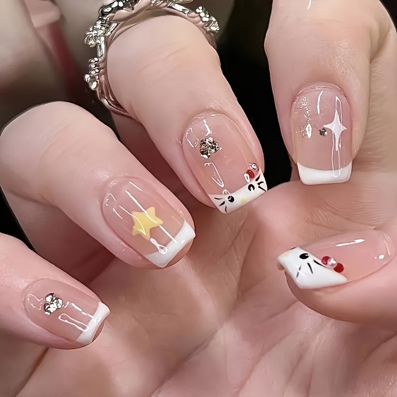 24pcs Hellokitty Nude Pink On Nails With Stars Nail Rhinestones - Short Glossy Cute Cartoon Design, & False Nails For Hands
