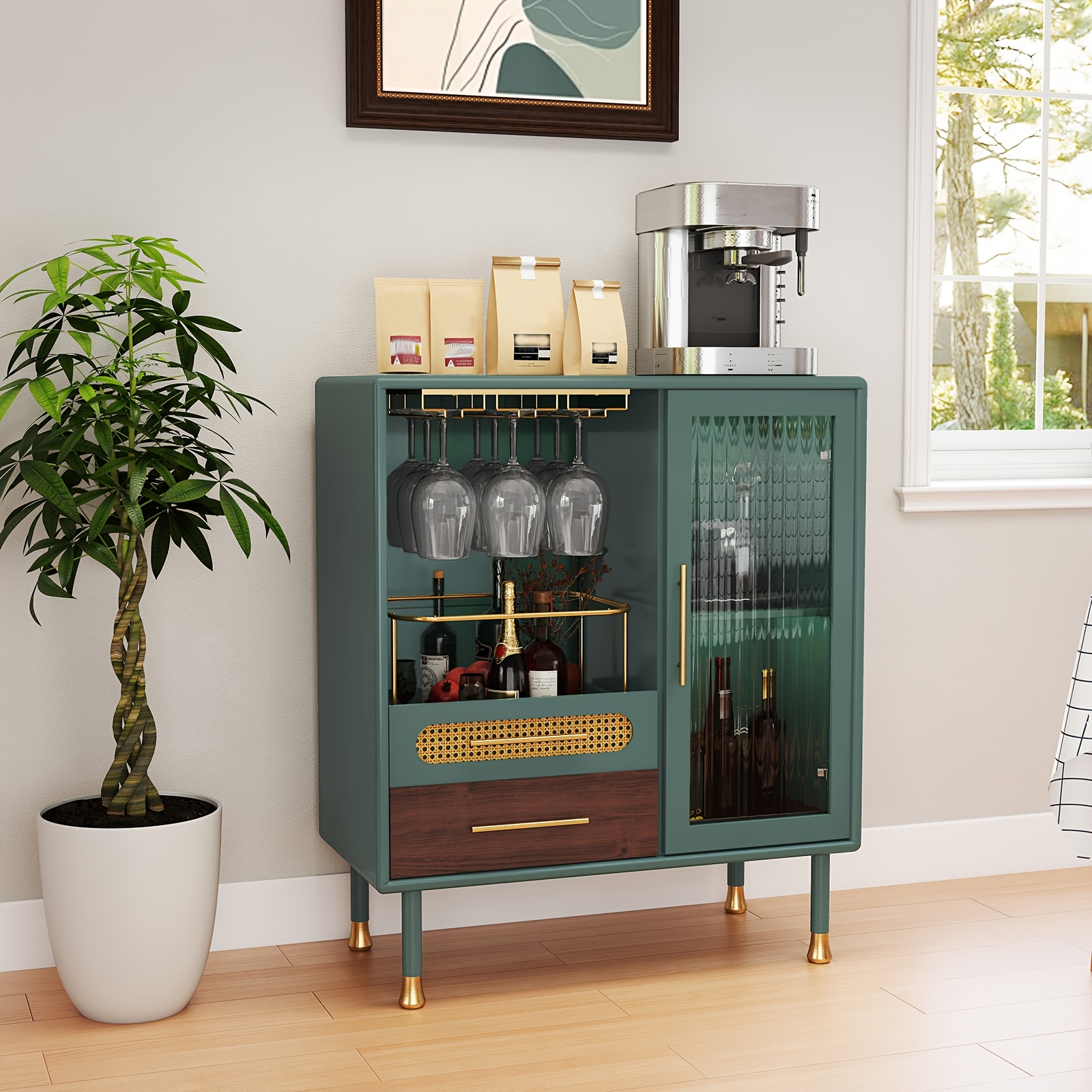 Image of Contemporary Wine Storage Unit, Bar Cabinet Featuring Shelves For Wine Glasses And 2 Drawers, Wooden Buffet Sideboards Suitable For The Living Room, Kitchen, And Dining Area