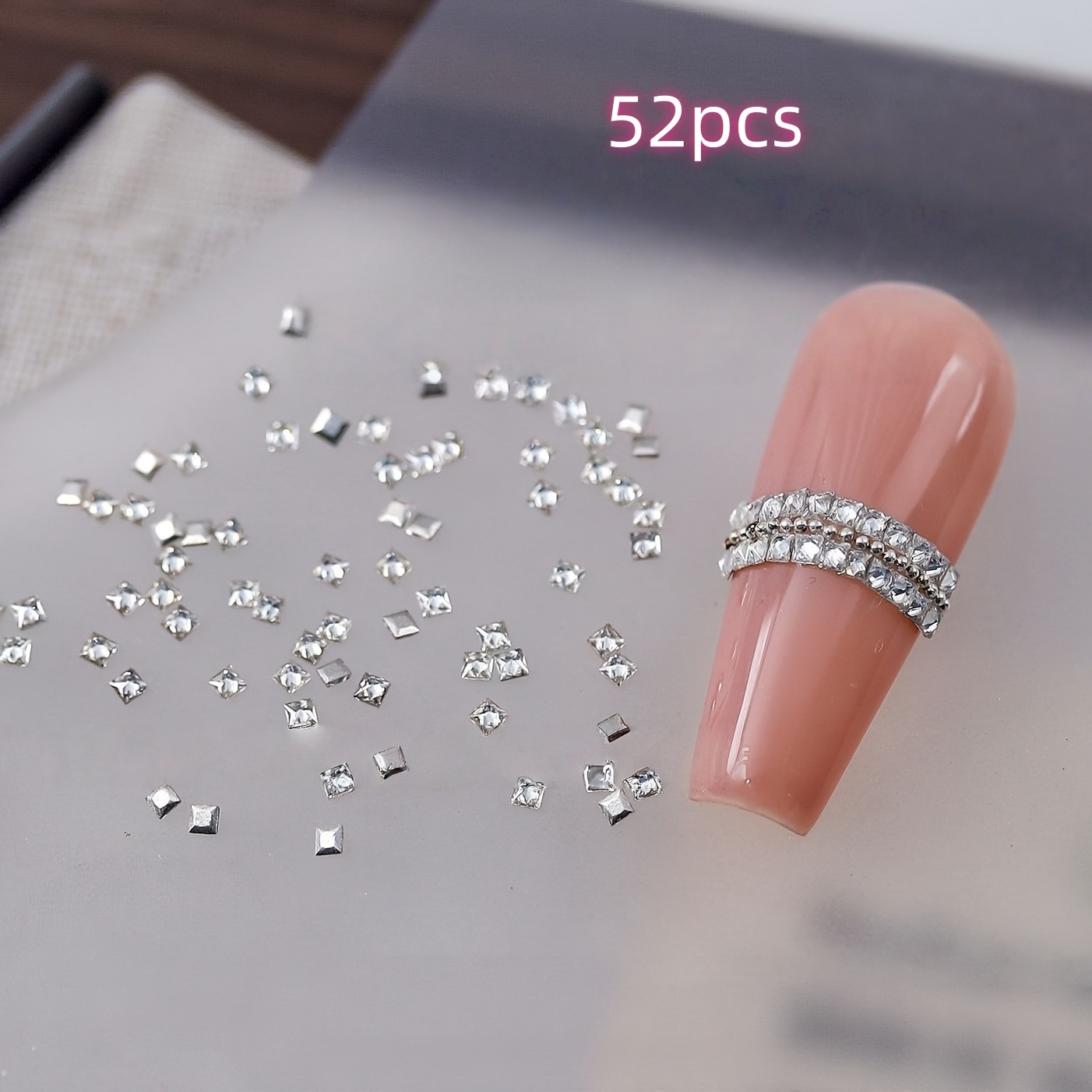 TEMU 52pcs Square Transparent Nail Rhinestones, Silvery Flat Back 3d Charms, Multi-sizes Square Gems, Sparkling Bling Nail Art Decorations, Suitable