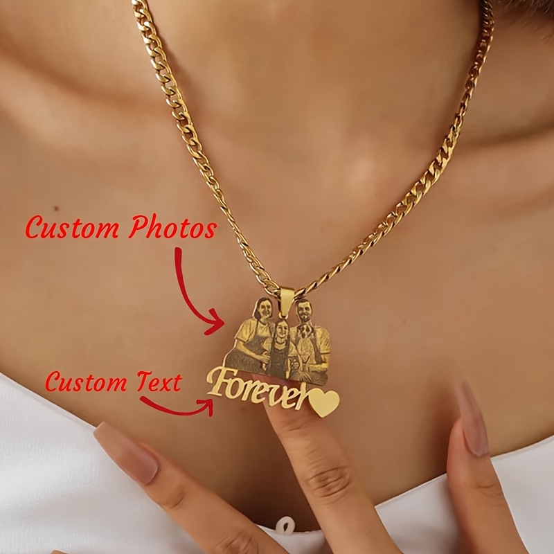 

Custom Photo & Text Engraved Pendant Necklace - Personalized Family Keepsake Jewelry For Christmas, New Year, Or - Stainless Steel With - Parties & Music Festivals, Personalized Jewelry