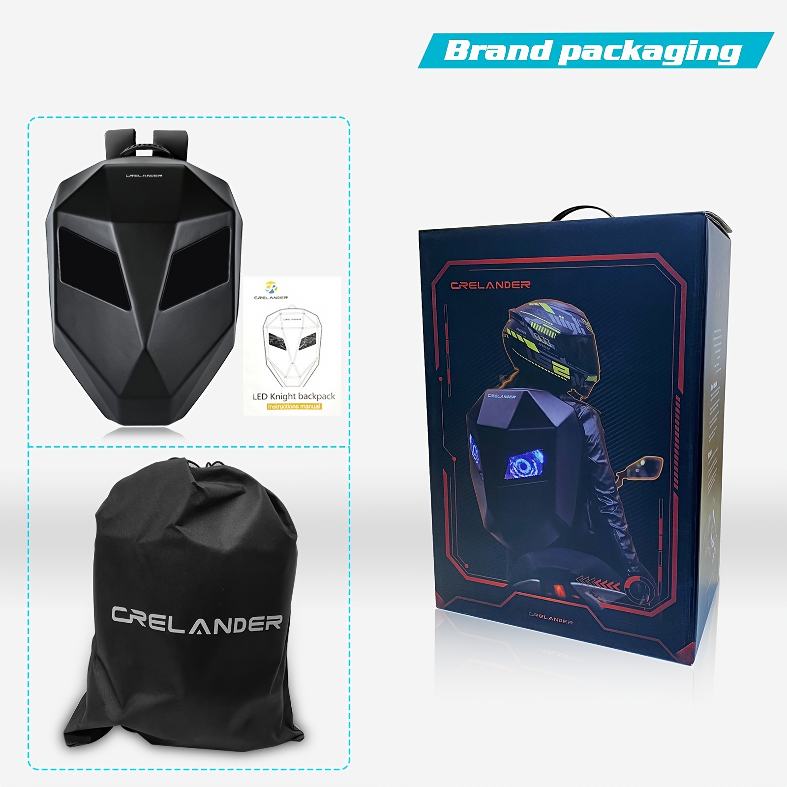 Sac à dos LED pour ordinateur portable Crelander avec yeux, sac à dos LED pour moto Chevalier de 45,72 cm avec écran couleur programmable, grand sac à casque rigide de grande capacité, sac à dos tendance pour la randonnée, le camping, le vélo et les voyages – Image 7