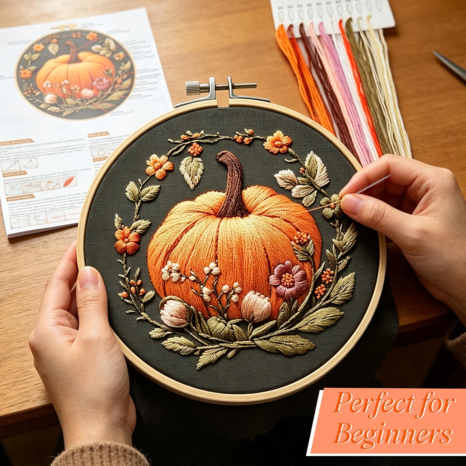 Beginner Pumpkin Embroidery Set, Adult Cross Stitch Kit