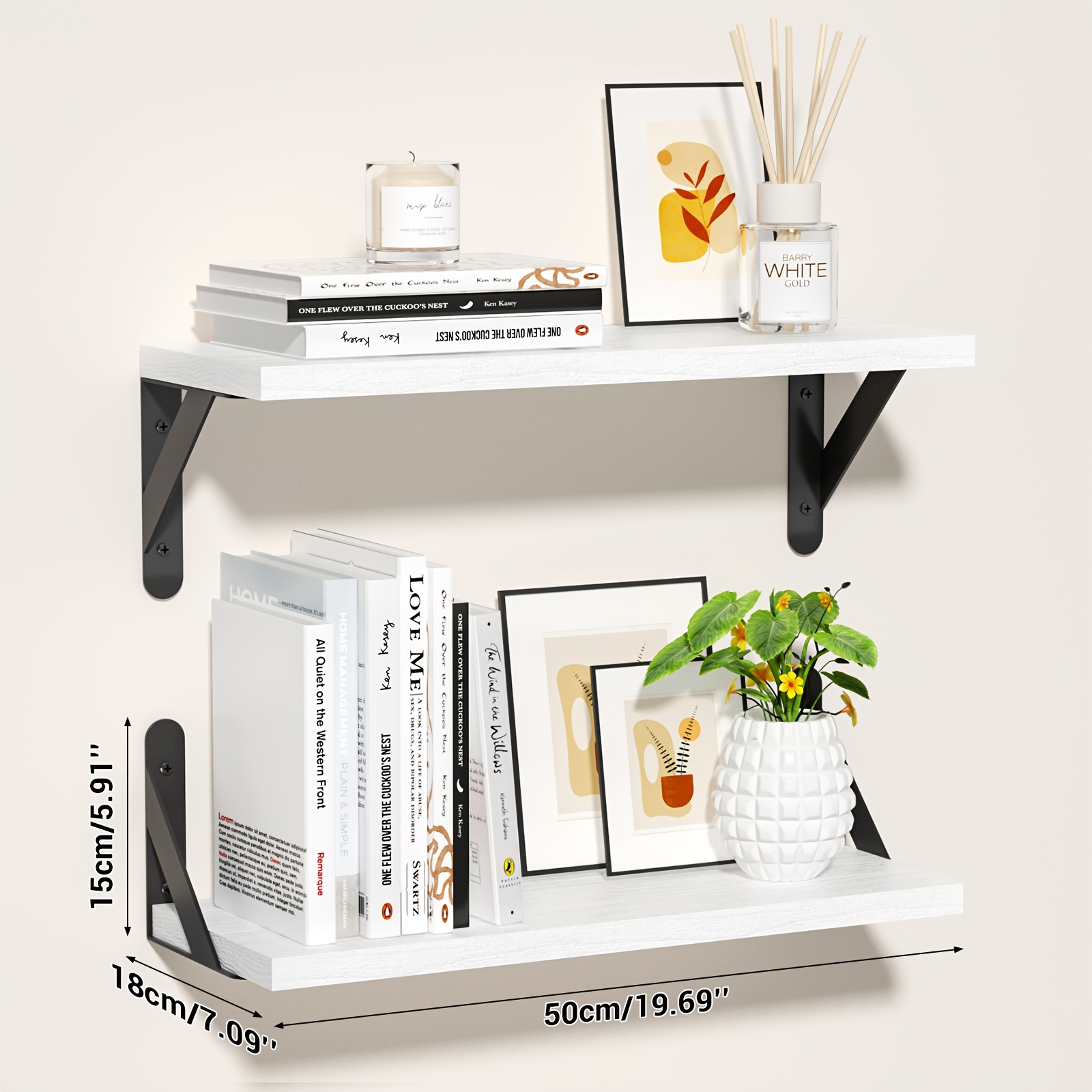 TEMU Shelves 8'' Deep Floating Shelves Wall Mounted Shelf Set Of 2 With Metal Bracket, Decorative Wall Shelf Brackets Storage Book, Wooden Wall