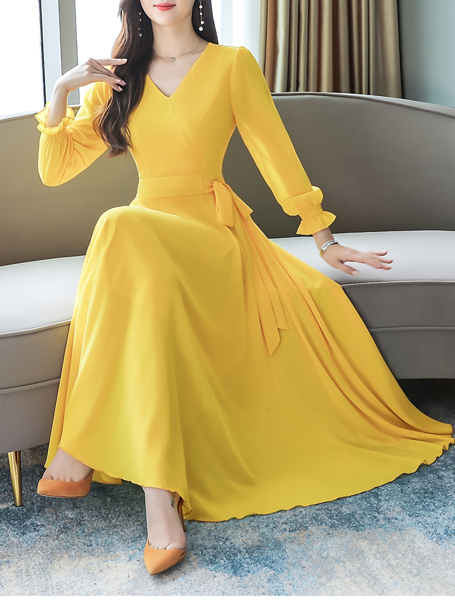 Women's Elegant V-Neck Long Sleeve A-Line Dress Mustard Yellow *-Fit  Solid Color, Flared Hem for Spring/Fall, Hand Wash Only, Autumn Gala  Attire,