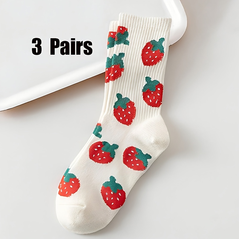 Image of 1/3 Pack Strawberry, Fruit & Vegetable & Heart Socks - Cute Mid-calf Socks With Ribbed Top, Breathable For Wear, Suitable For | Elegant (machine Washable) - 1 Or 3 Pack Options