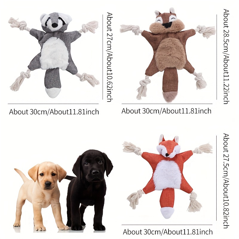 TEMU Squeaky Plush Dog Toys 3pcs | Chew Toys For Medium & Large Breeds | Raccoon, Fox, And Bear Shapes With Crinkle Paper | Interactive Play | Animal