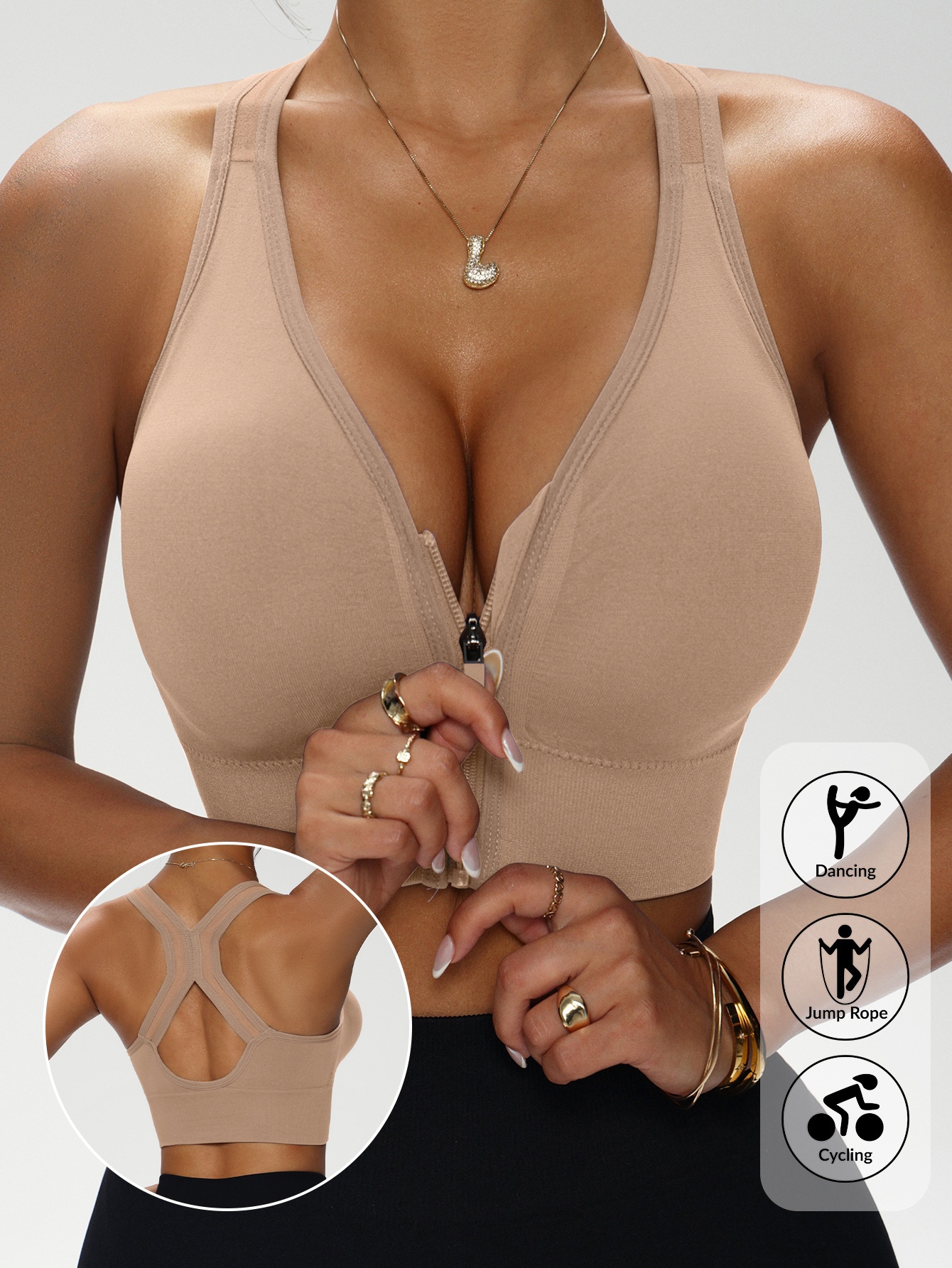 single piece pack womens solid multicolor zipper front clasp daily bra with removable pads back x shaped straps wire   seamless wireless push up bra     as outerwear suitable for sports and   occasions