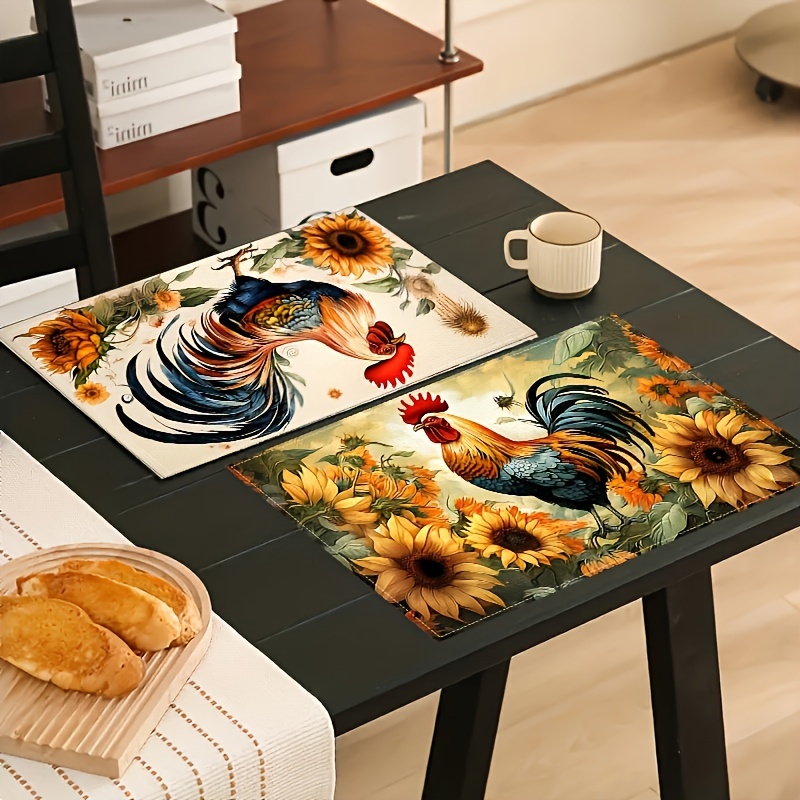 

4pcs Placemats, 12inch*18inch Simple Rooster Pattern Linen Texture Placemats, Retro Sunflower And Placemats, Table Decoration, Dinner Decoration, Supplies