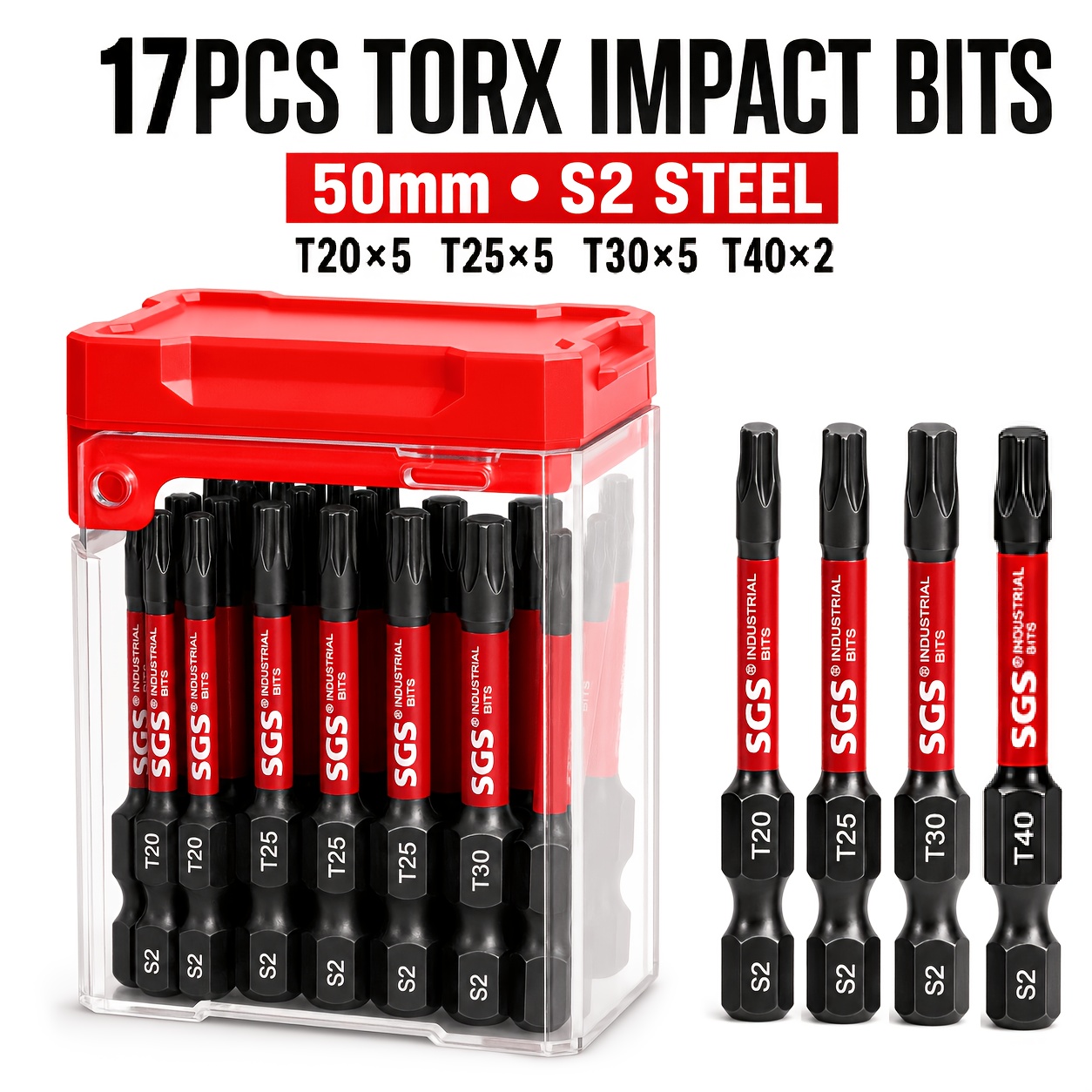 TEMU 17pcs 50mm Magnetic Torx Impact Driver Bit Set, T20 T25 T30 T40 S2 /4in Hex Screwdriver Bits With Storage Case For Decking Furniture Repair