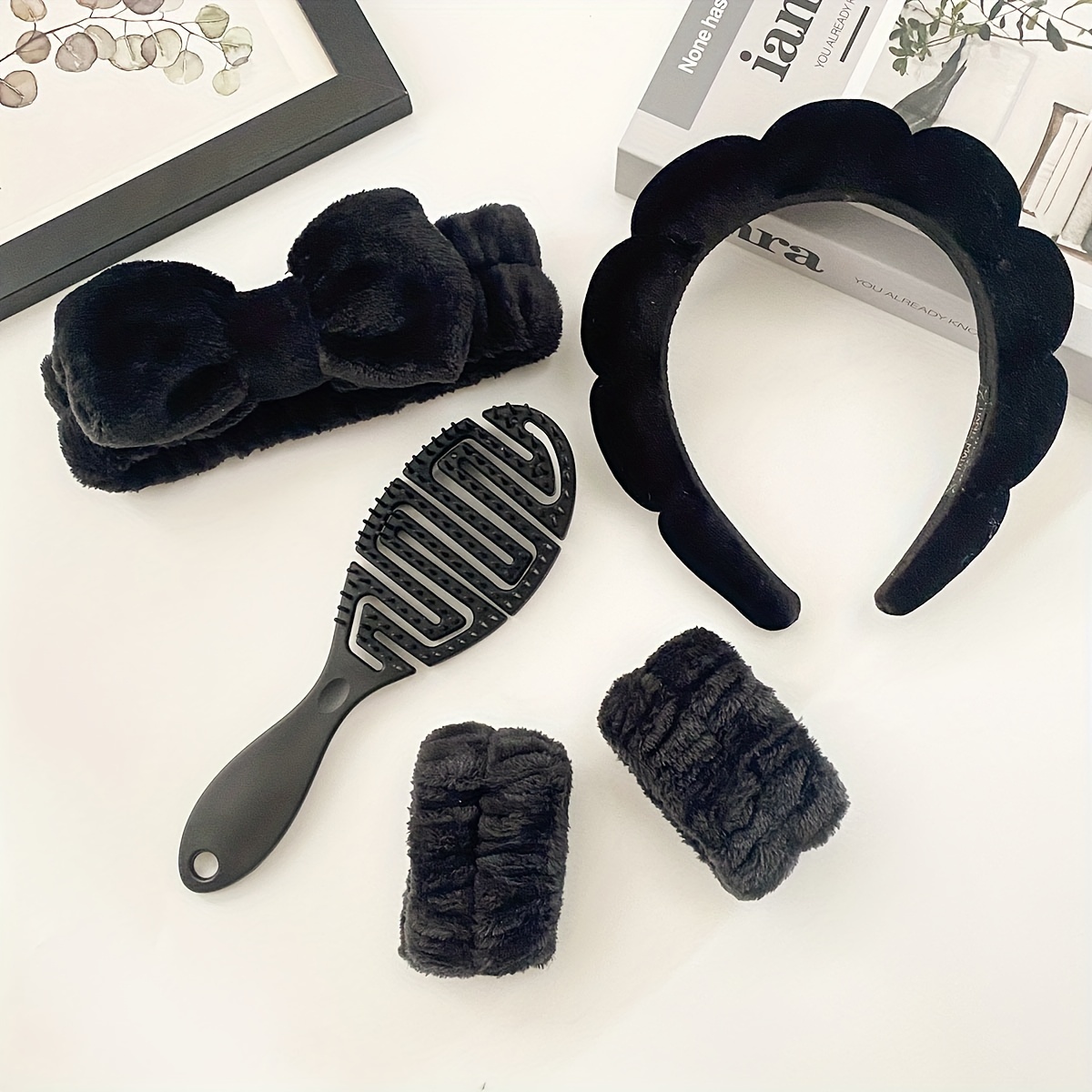 5pcs Hairbands, Wrist Straps, Hollow Massage Combs, Women Solid Color With Velvet Thickened Hairbands, Elastic Bands,…: retailer-supplied image