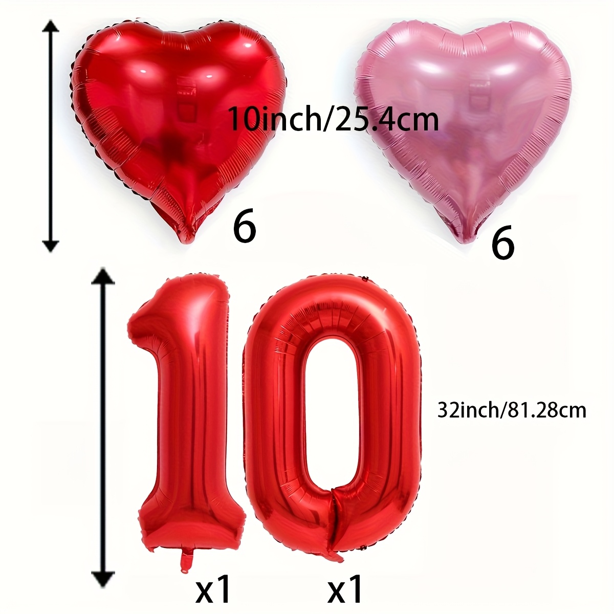 Image of Red Balloon, 32 Inch Balloon, 10-inch Red Pink Heart Foil Mylar Balloons For Celebrating 10th Birthdays, Anniversaries, Christmas, New Year, And Wedding Party Decorations