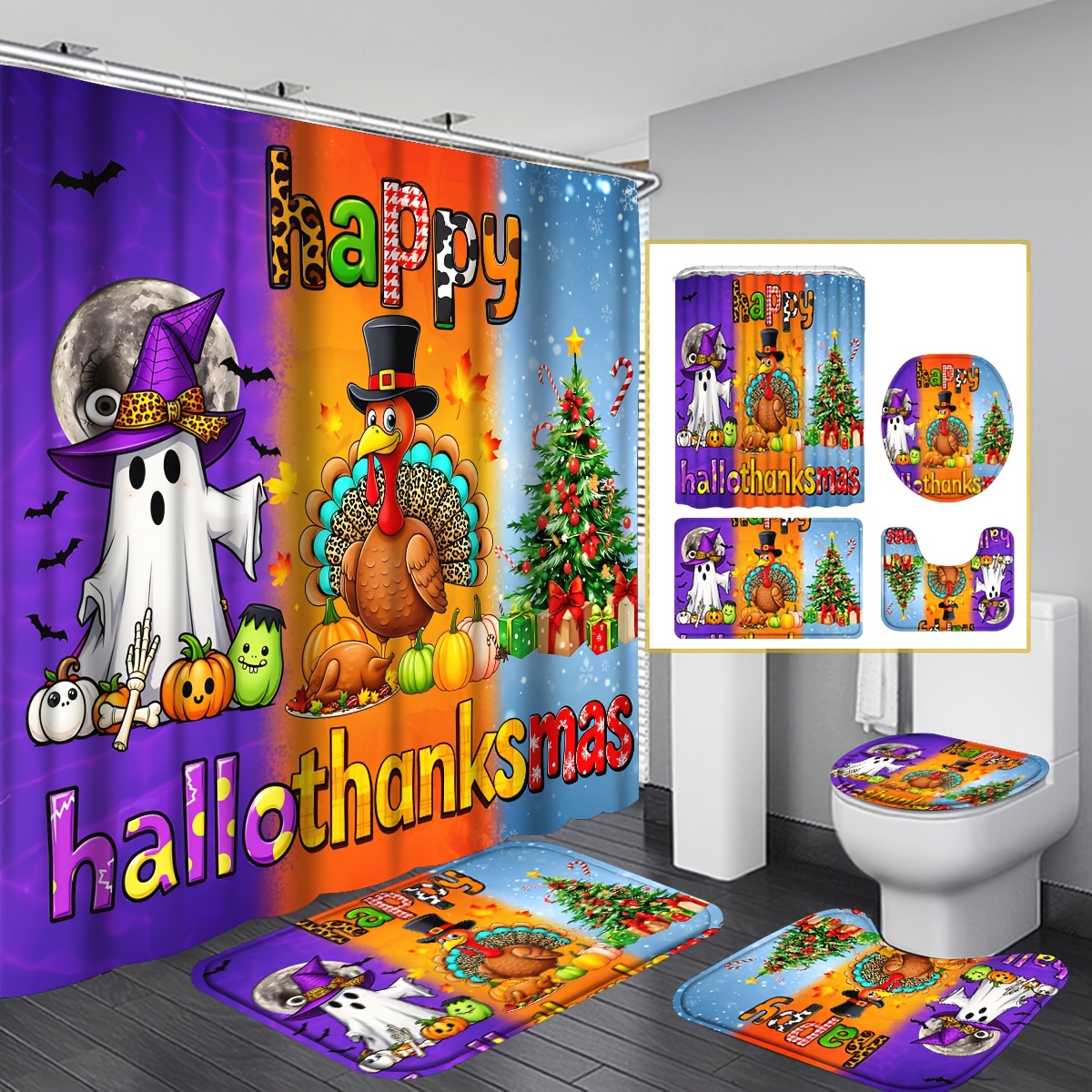 TEMU 4pcs Happy Halloween Shower Curtain Set, Halloween Thanksgiving Turkey Christmas Tree Bathroom Sets, Non-slip, Toilet Lid Cover And, Shower